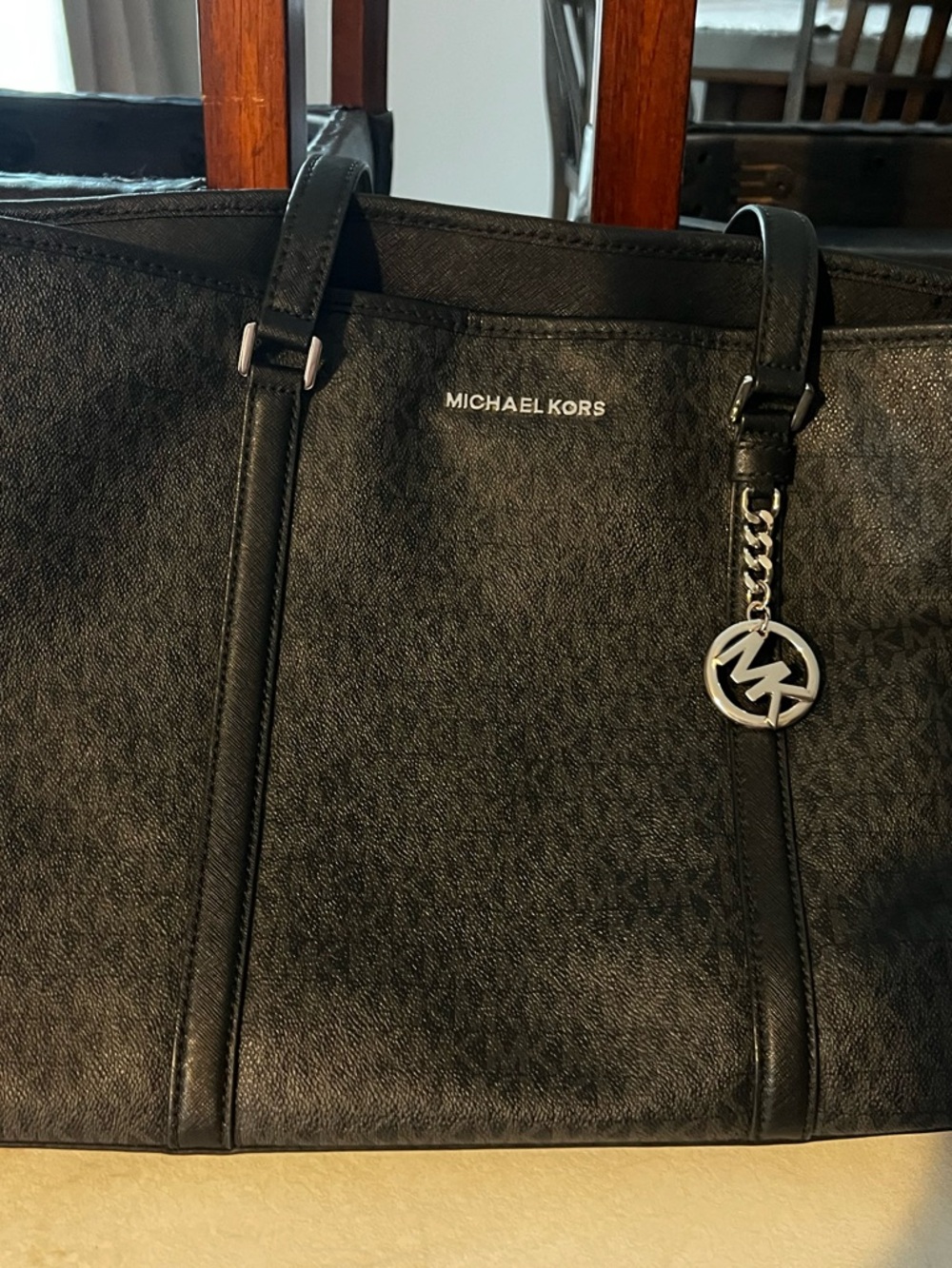 Michael Kors Black Logo Tote with Silver MK Charm